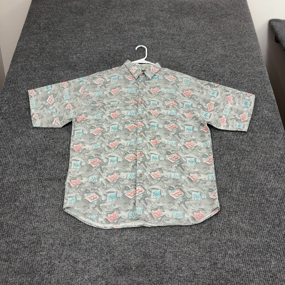 Vintage Shah Safari Button Down Shirt Mens M Grey Cotton Abstract Tribal Retro
